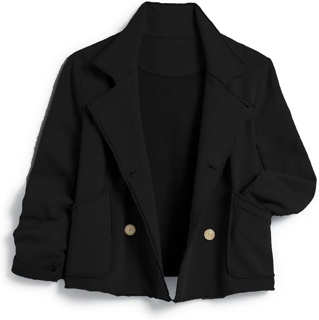 Haellun Womens Notched Peacoat Cropped Blazer Double Breasted Trench Coat Overcoat Jackets with Pockets