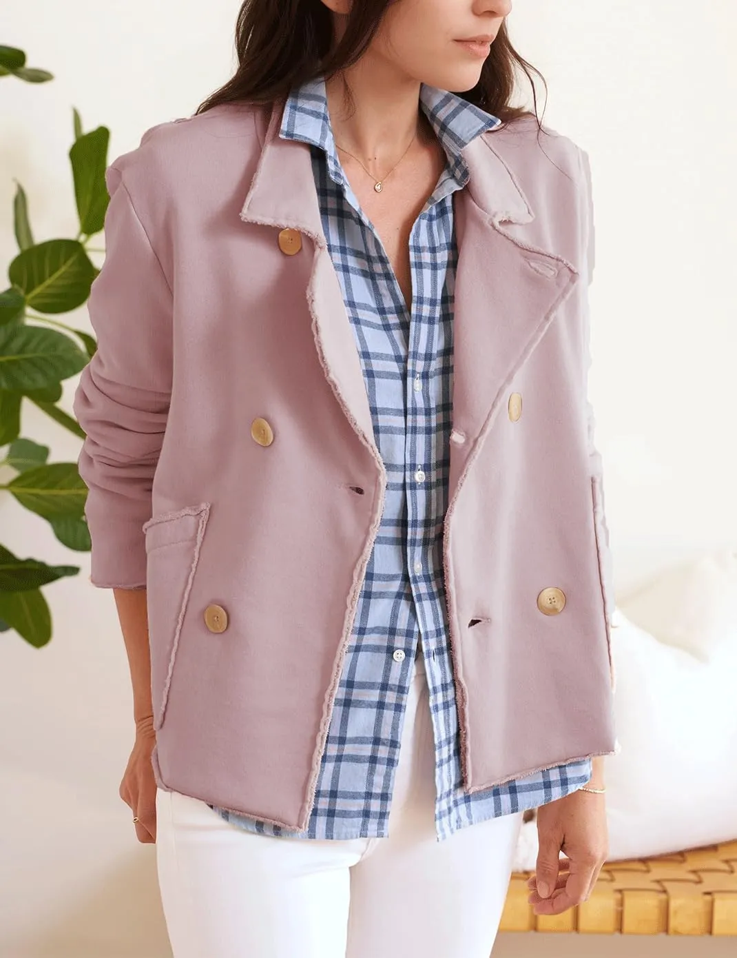 Haellun Womens Notched Peacoat Cropped Blazer Double Breasted Trench Coat Overcoat Jackets with Pockets