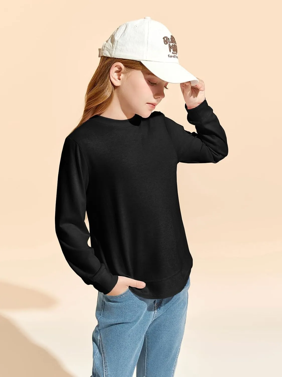 Haloumoning Girls Oversized Long Sleeve Shirts Kids Fashion Crewneck Tunic Tops Curved Hem Tees 7-14 Years