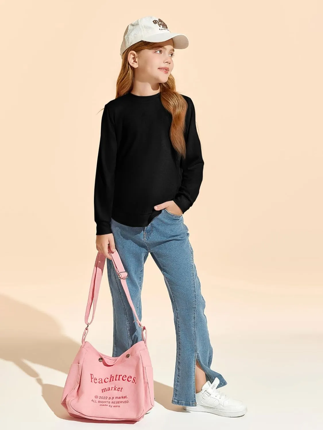 Haloumoning Girls Oversized Long Sleeve Shirts Kids Fashion Crewneck Tunic Tops Curved Hem Tees 7-14 Years