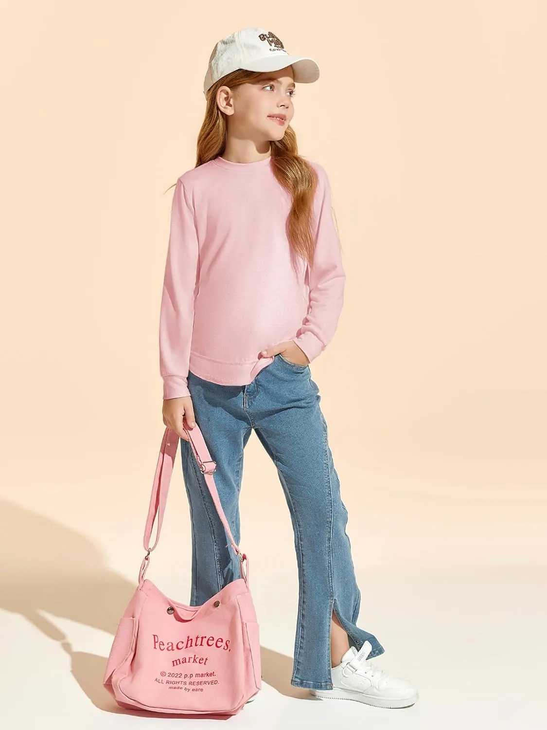 Haloumoning Girls Oversized Long Sleeve Shirts Kids Fashion Crewneck Tunic Tops Curved Hem Tees 7-14 Years