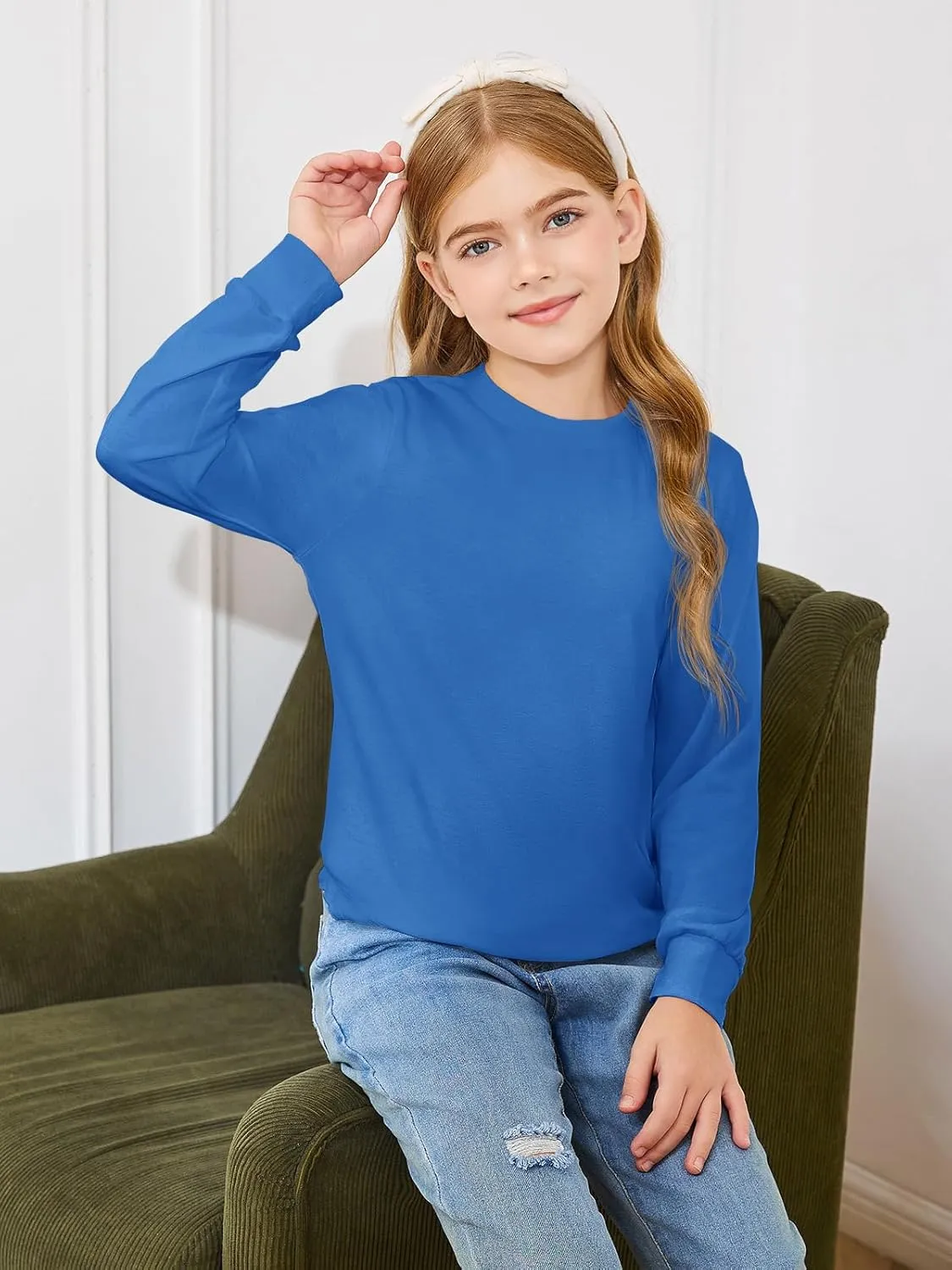 Haloumoning Girls Oversized Long Sleeve Shirts Kids Fashion Crewneck Tunic Tops Curved Hem Tees 7-14 Years