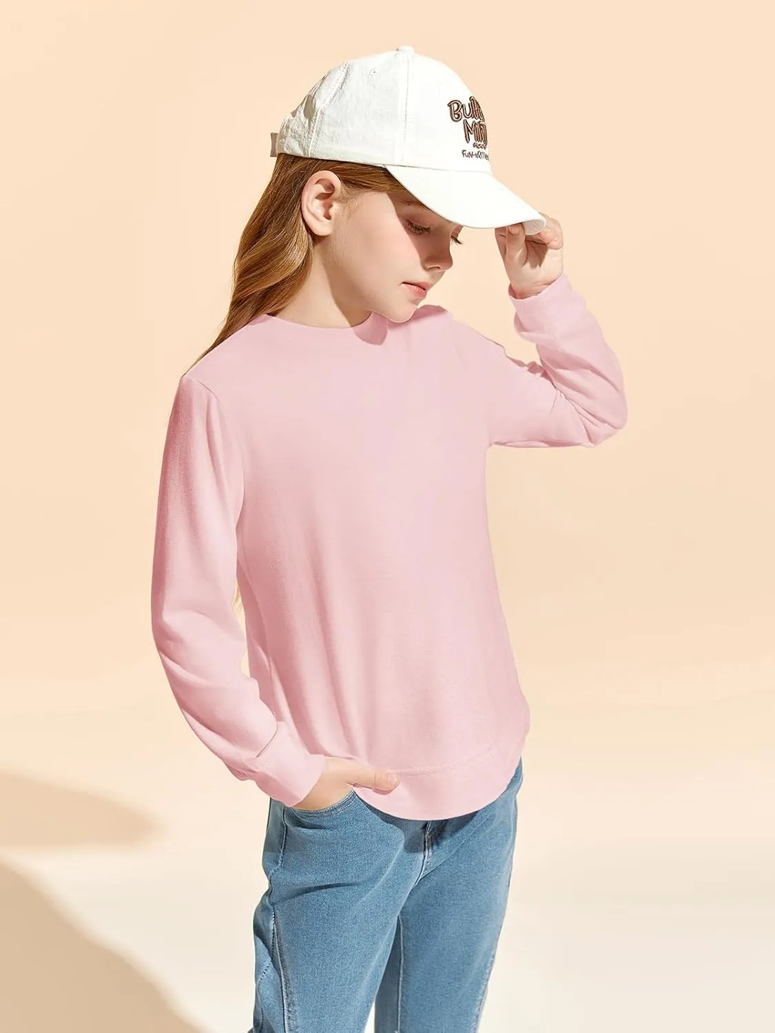 Haloumoning Girls Oversized Long Sleeve Shirts Kids Fashion Crewneck Tunic Tops Curved Hem Tees 7-14 Years