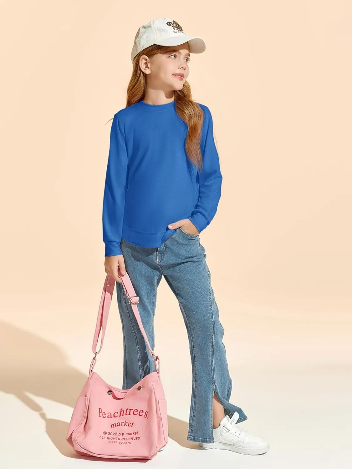 Haloumoning Girls Oversized Long Sleeve Shirts Kids Fashion Crewneck Tunic Tops Curved Hem Tees 7-14 Years