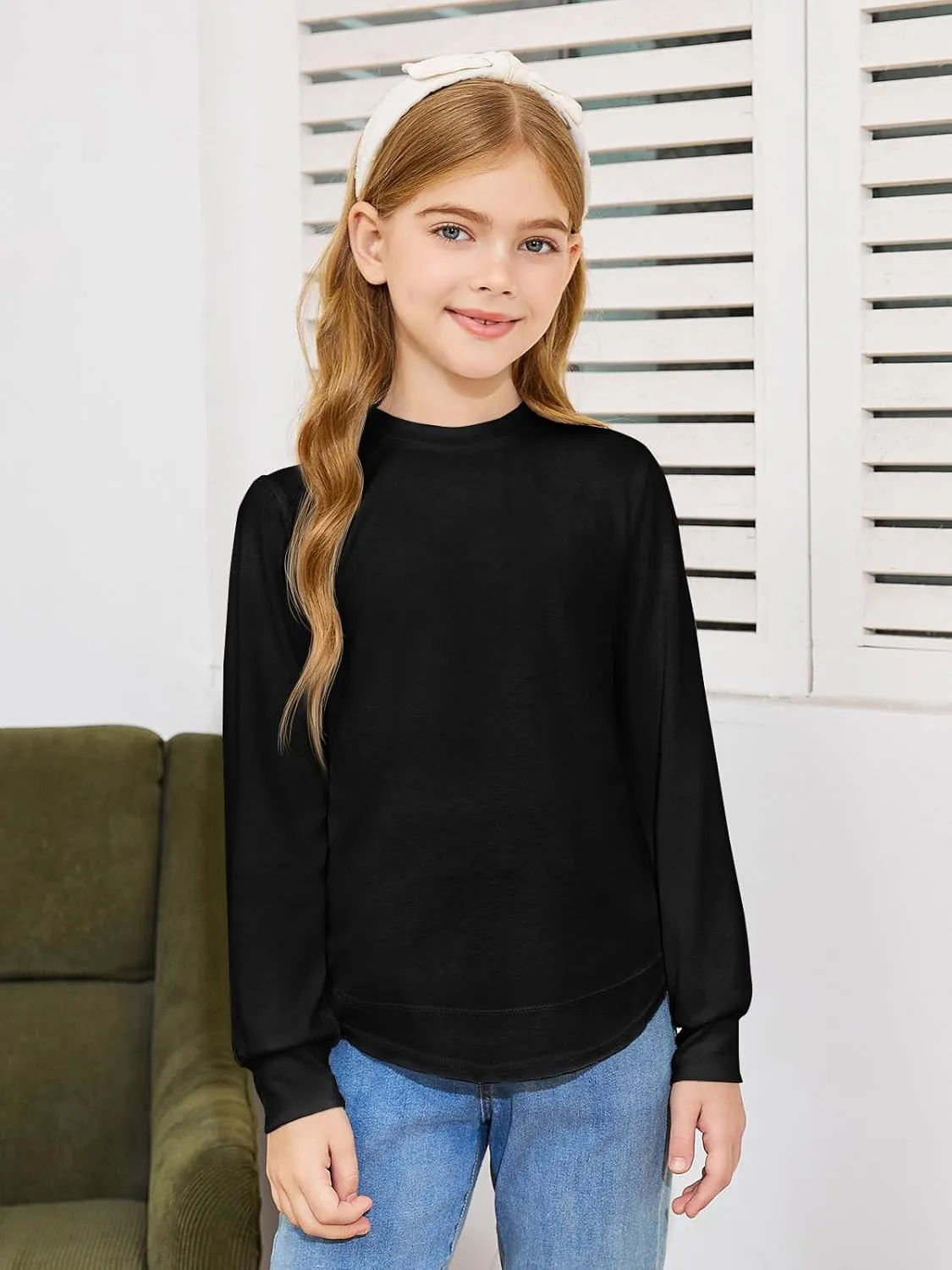 Haloumoning Girls Oversized Long Sleeve Shirts Kids Fashion Crewneck Tunic Tops Curved Hem Tees 7-14 Years