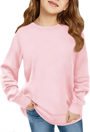 Haloumoning Girls Oversized Long Sleeve Shirts Kids Fashion Crewneck Tunic Tops Curved Hem Tees 7-14 Years