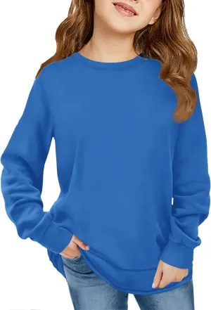 Haloumoning Girls Oversized Long Sleeve Shirts Kids Fashion Crewneck Tunic Tops Curved Hem Tees 7-14 Years