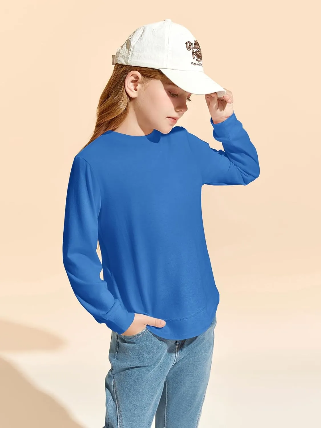 Haloumoning Girls Oversized Long Sleeve Shirts Kids Fashion Crewneck Tunic Tops Curved Hem Tees 7-14 Years