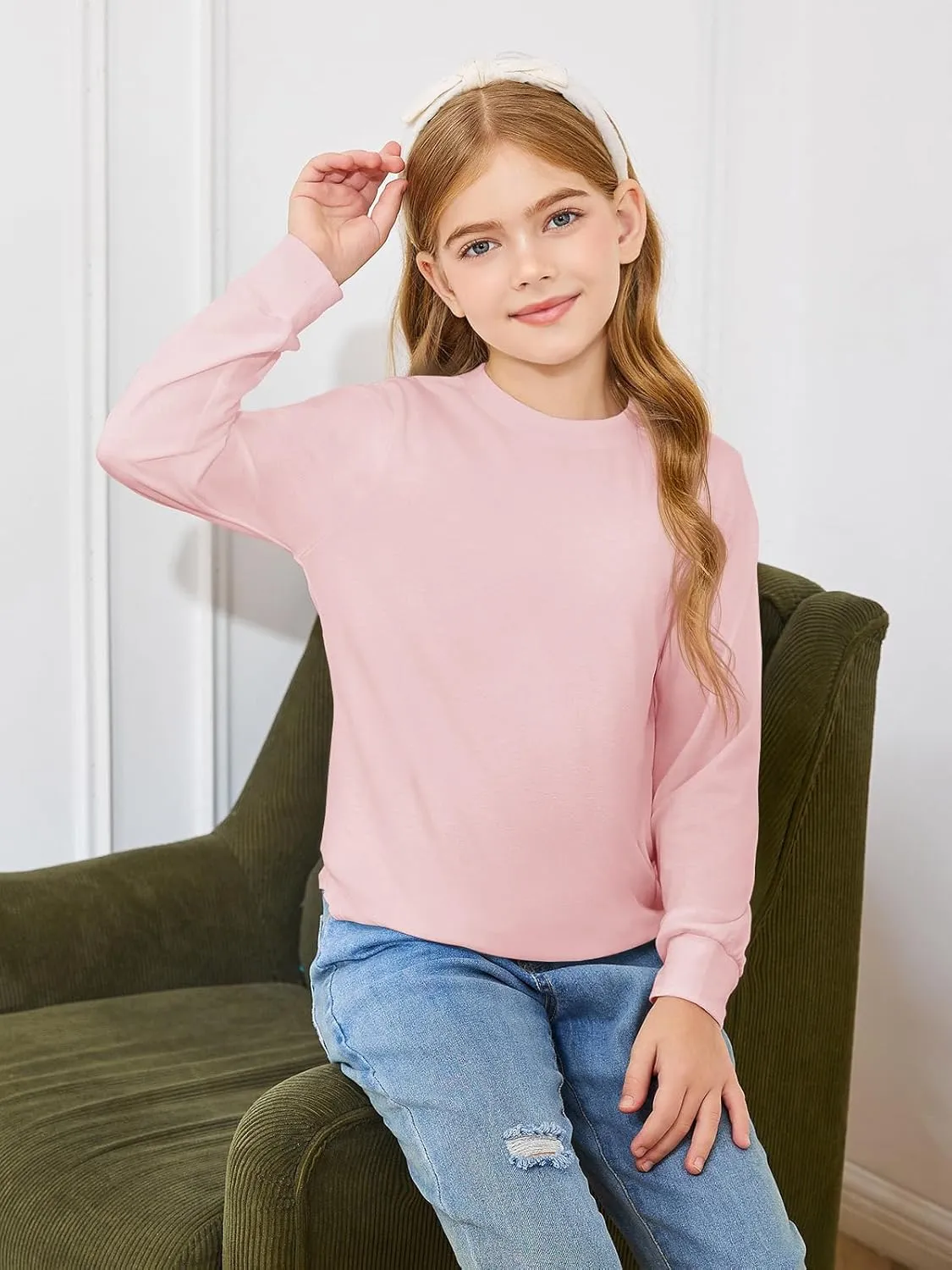 Haloumoning Girls Oversized Long Sleeve Shirts Kids Fashion Crewneck Tunic Tops Curved Hem Tees 7-14 Years