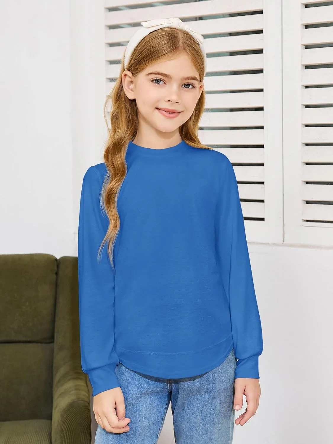 Haloumoning Girls Oversized Long Sleeve Shirts Kids Fashion Crewneck Tunic Tops Curved Hem Tees 7-14 Years
