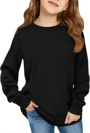 Haloumoning Girls Oversized Long Sleeve Shirts Kids Fashion Crewneck Tunic Tops Curved Hem Tees 7-14 Years