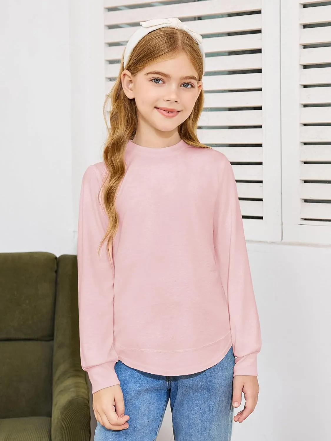 Haloumoning Girls Oversized Long Sleeve Shirts Kids Fashion Crewneck Tunic Tops Curved Hem Tees 7-14 Years