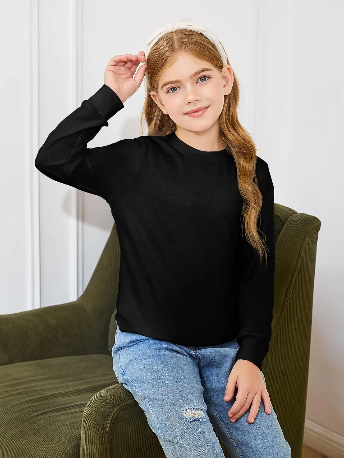 Haloumoning Girls Oversized Long Sleeve Shirts Kids Fashion Crewneck Tunic Tops Curved Hem Tees 7-14 Years