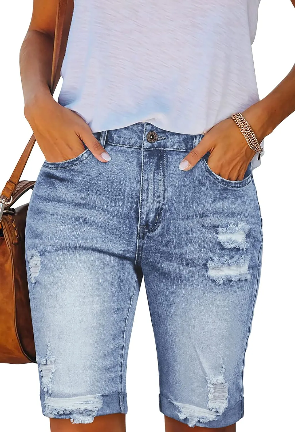 HUUSA Women's High Waist Ripped Denim Shorts Frayed Hem Destroyed Mid Thigh Short Jeans Casual Bermuda Shorts with Pocket