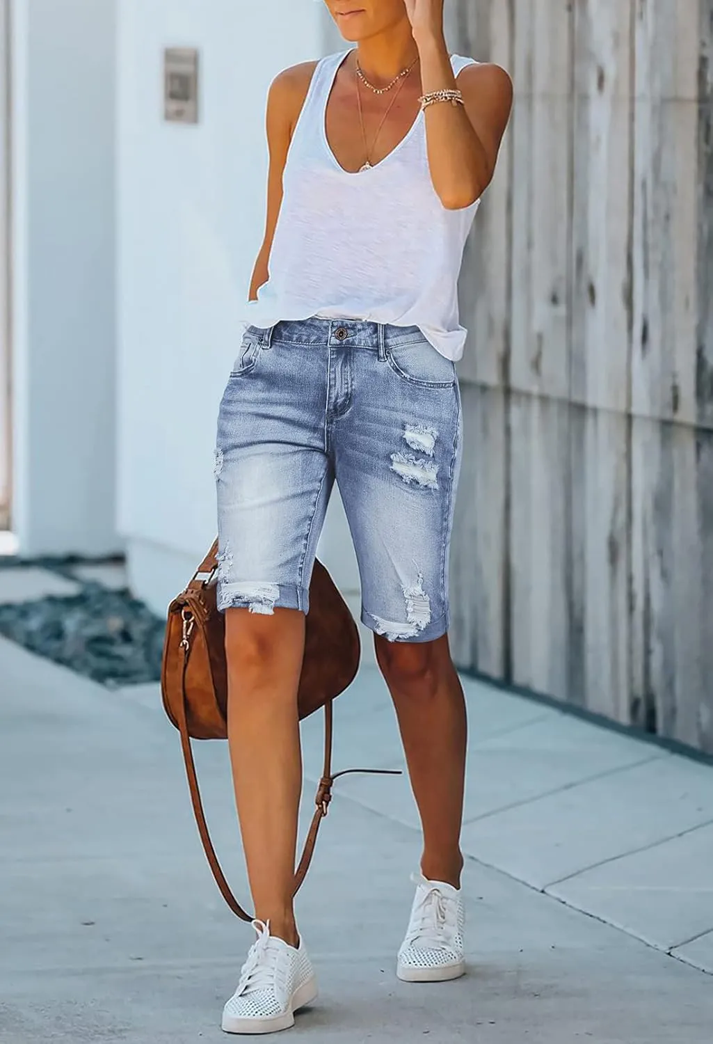 HUUSA Women's High Waist Ripped Denim Shorts Frayed Hem Destroyed Mid Thigh Short Jeans Casual Bermuda Shorts with Pocket