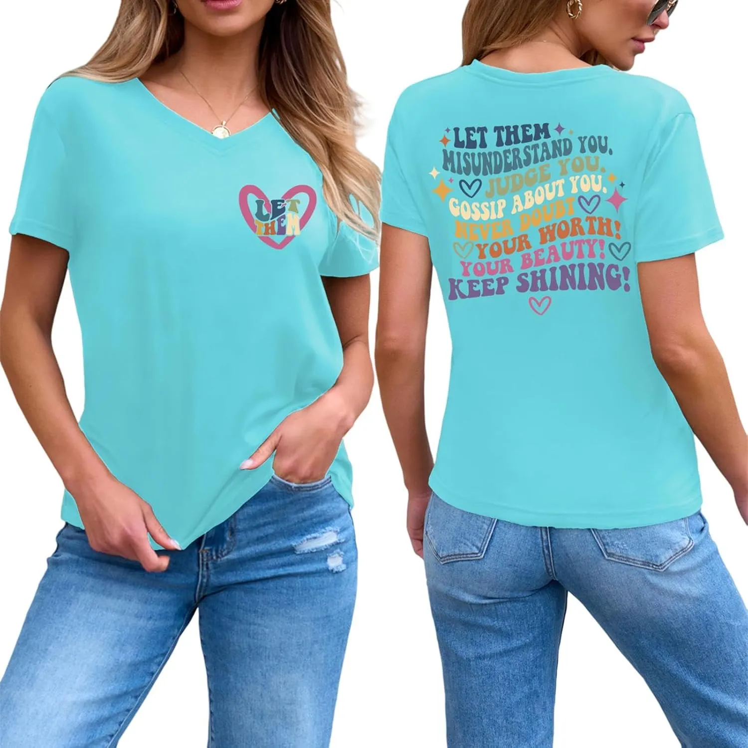 Let Them Misunderstand You V-Neck T-Shirt Mental Health Shirt for Women Inspirational Graphic Tees Motivational Gift