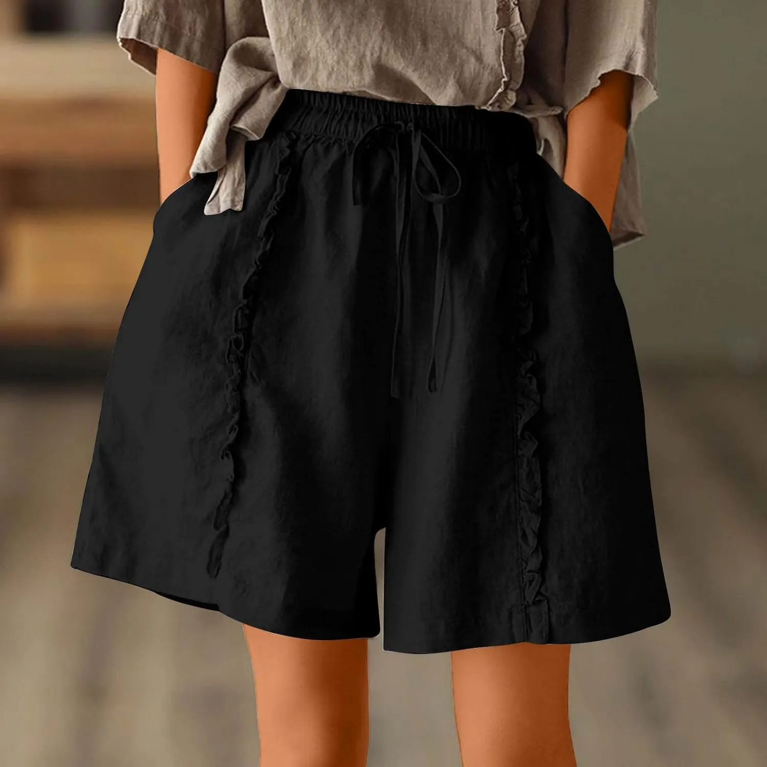 Linen Shorts for Women Casual Wide Leg Short Pants Summer Drawstring Beach Trouser High Waisted Lounge Pant