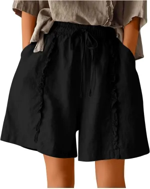 Linen Shorts for Women Casual Wide Leg Short Pants Summer Drawstring Beach Trouser High Waisted Lounge Pant