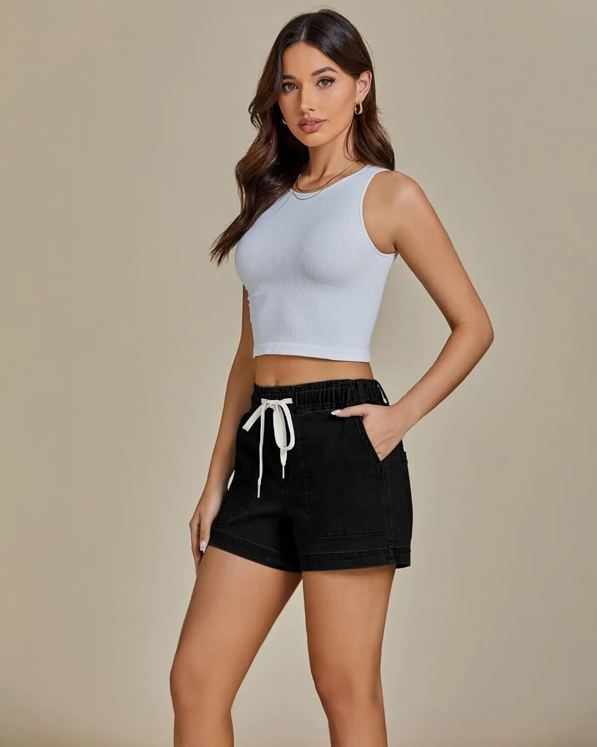 luvamia Jean Shorts for Women High Waisted Pull On Drawstring Elastic Waist Trendy Stretchy Denim Jorts Summer Shorts