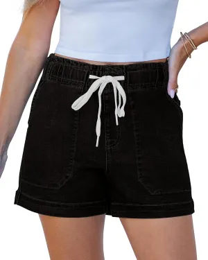 luvamia Jean Shorts for Women High Waisted Pull On Drawstring Elastic Waist Trendy Stretchy Denim Jorts Summer Shorts