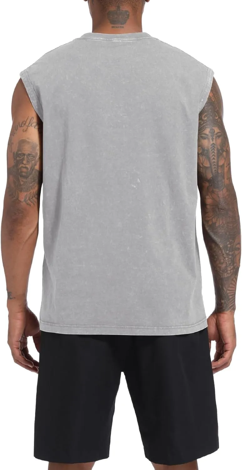 Mens Cotton Workout Gym Tank Top Sleeveless Cut Off Muscle Shirts Acid Wash Tshirts Running Beach Loose Fit Tees