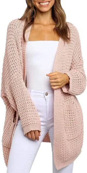 MEROKEETY Women's Oversized Long Batwing Sleeve Cardigan Waffle Knit Sweater Coat