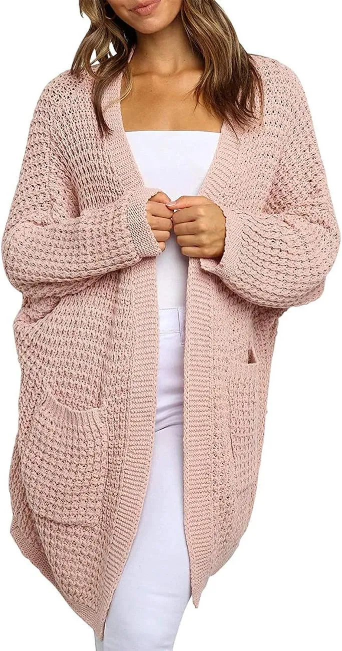 MEROKEETY Women's Oversized Long Batwing Sleeve Cardigan Waffle Knit Sweater Coat