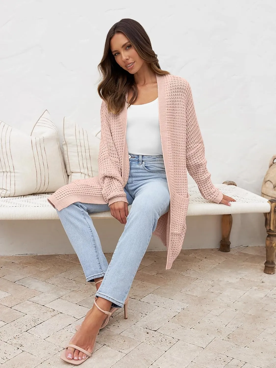 MEROKEETY Women's Oversized Long Batwing Sleeve Cardigan Waffle Knit Sweater Coat