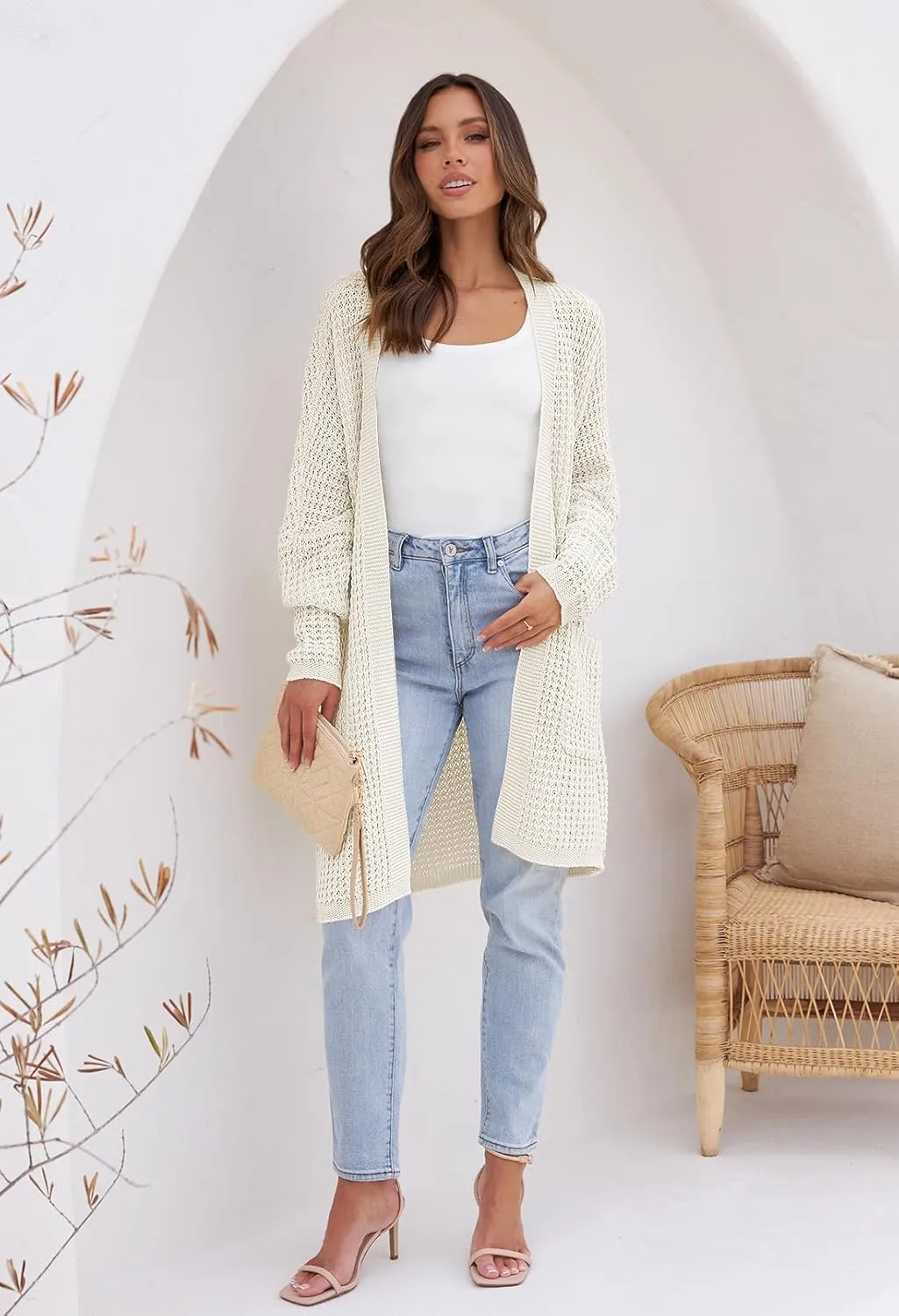 MEROKEETY Women's Oversized Long Batwing Sleeve Cardigan Waffle Knit Sweater Coat