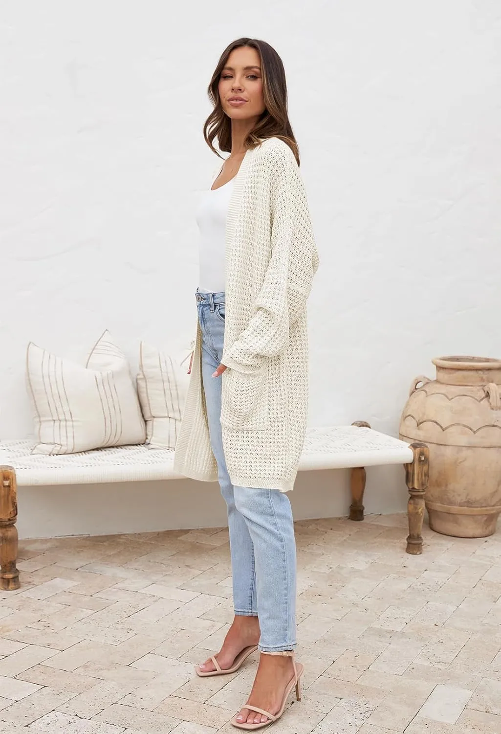 MEROKEETY Women's Oversized Long Batwing Sleeve Cardigan Waffle Knit Sweater Coat