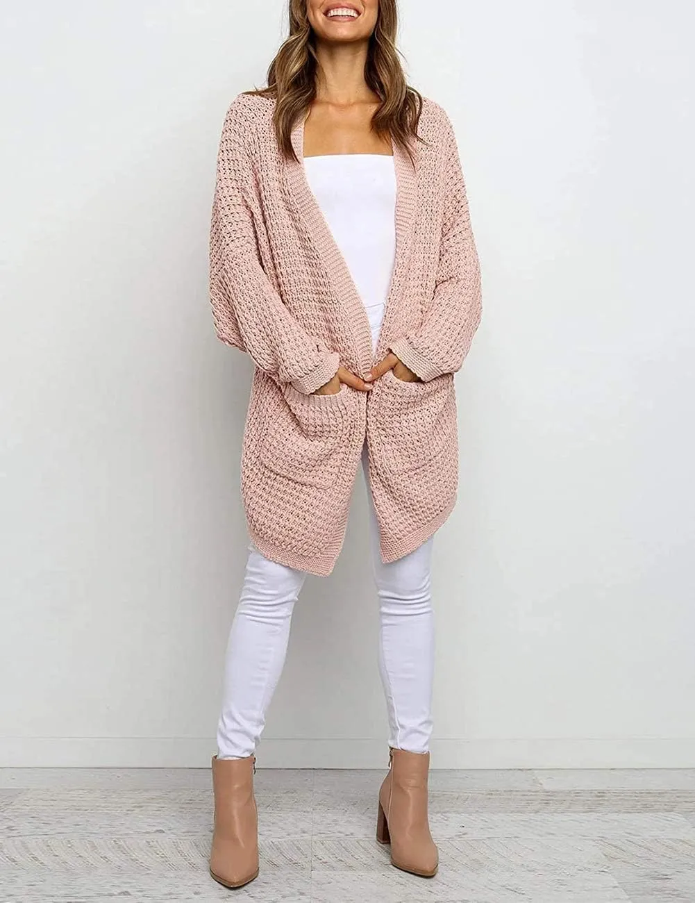 MEROKEETY Women's Oversized Long Batwing Sleeve Cardigan Waffle Knit Sweater Coat