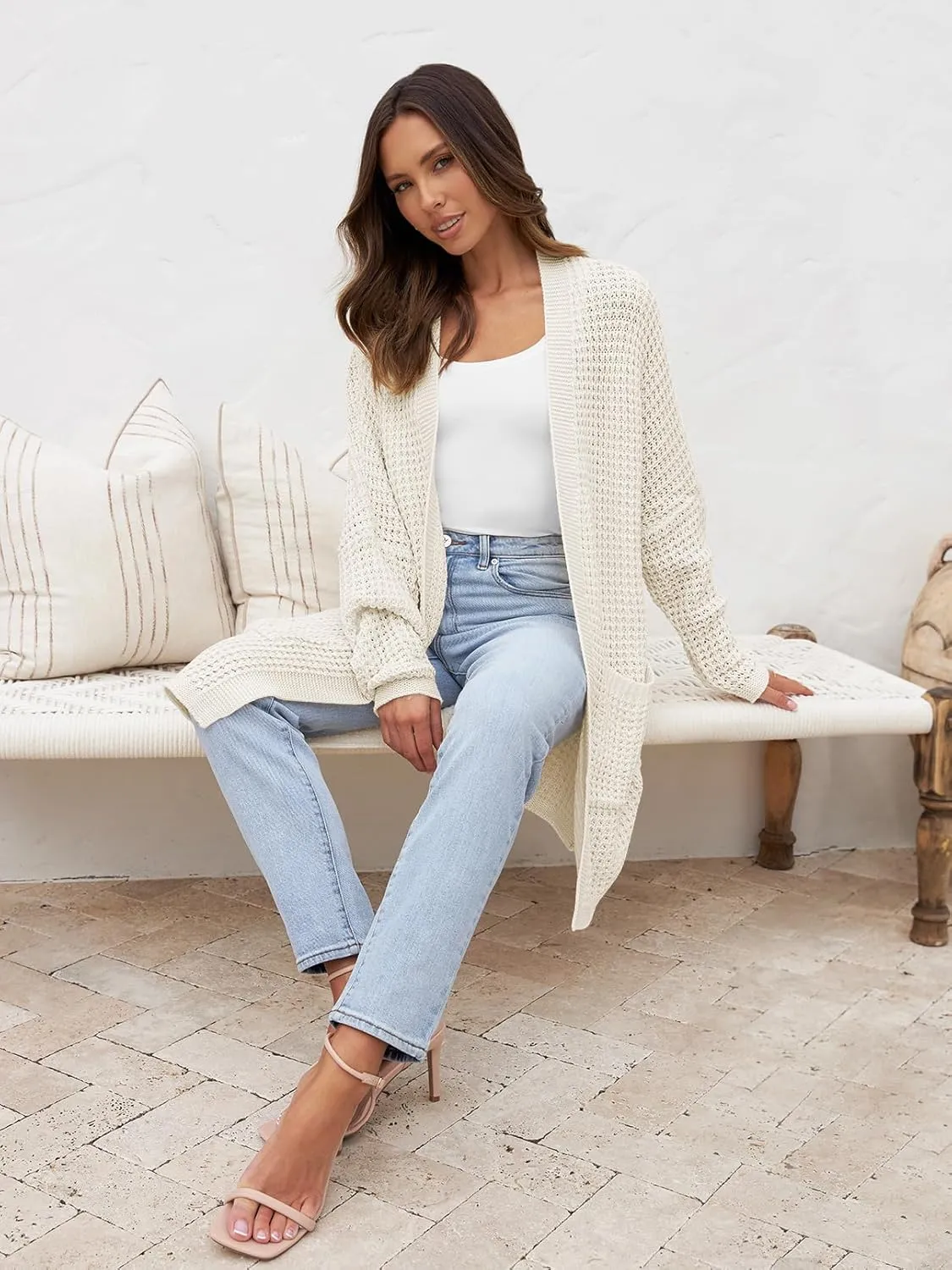 MEROKEETY Women's Oversized Long Batwing Sleeve Cardigan Waffle Knit Sweater Coat