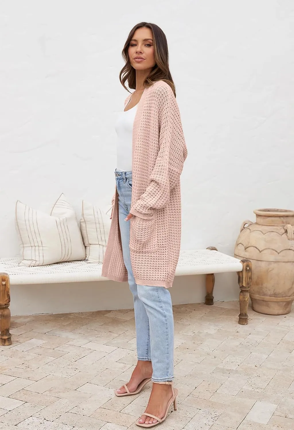 MEROKEETY Women's Oversized Long Batwing Sleeve Cardigan Waffle Knit Sweater Coat