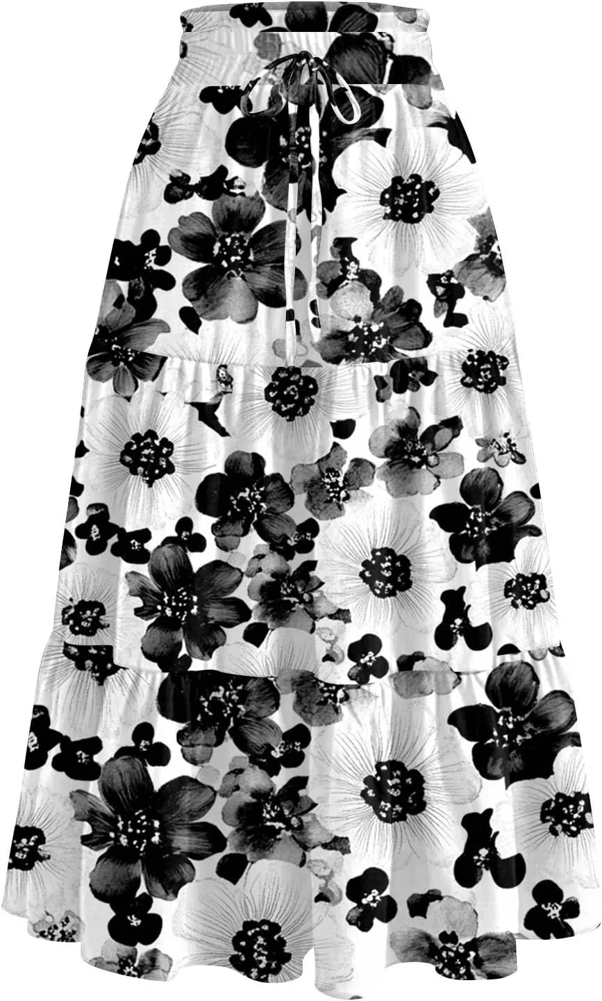Midi Skirts for Women 2025 Boho Floral Skirts High Elastic Waisted Tiered Ruffle Skirt Flowy A Line Skorts with Pockets