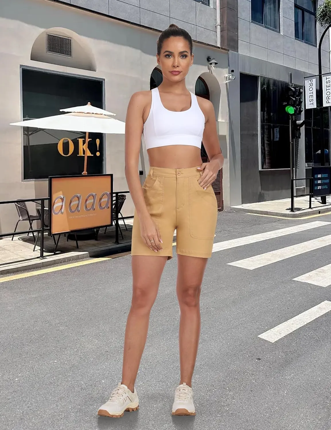 MoFiz Women's Cargo Bermuda Shorts Long Cotton Hiking Twill Chino Shorts Elastic Waist for Summer Casual Golf Travel Outdoor