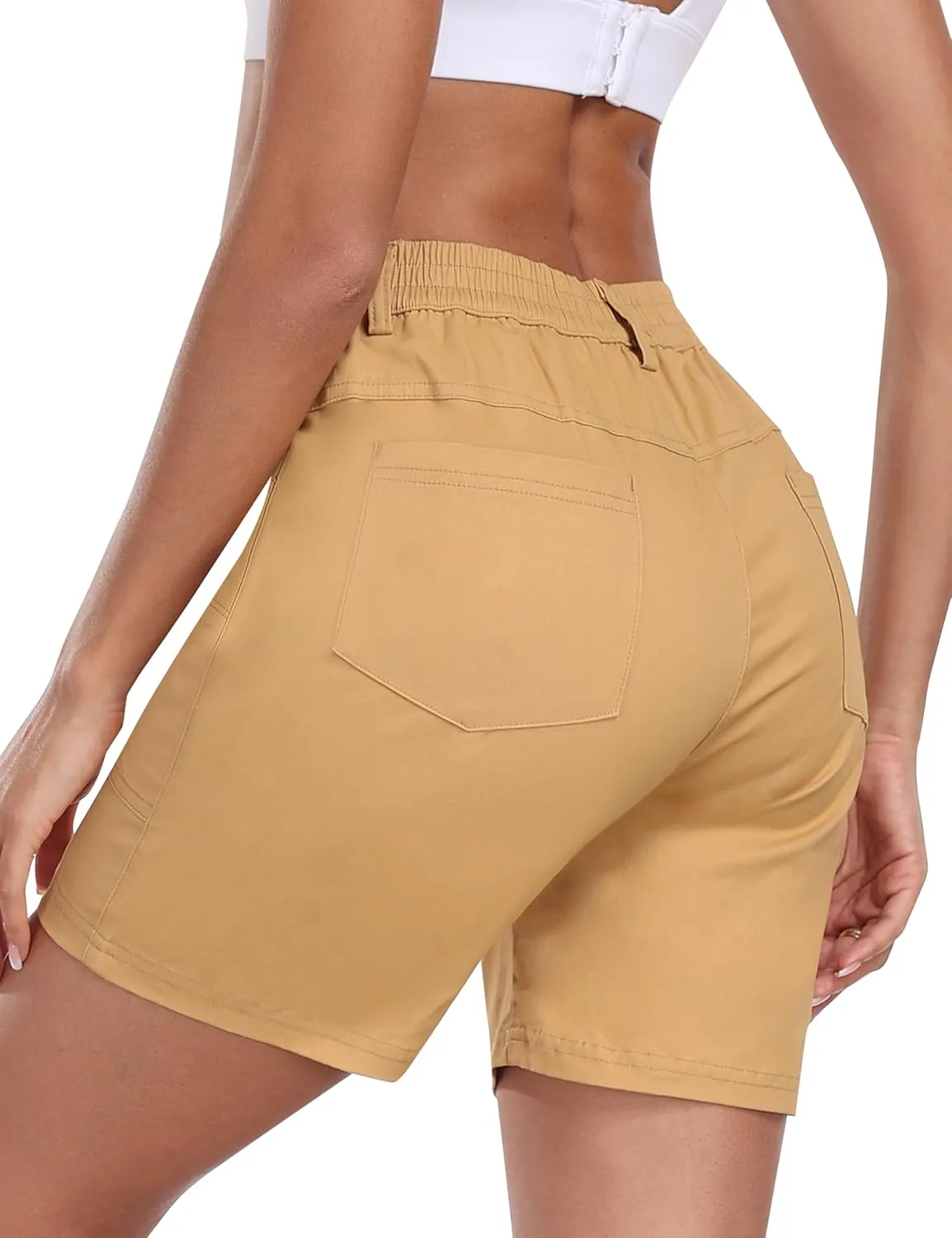 MoFiz Women's Cargo Bermuda Shorts Long Cotton Hiking Twill Chino Shorts Elastic Waist for Summer Casual Golf Travel Outdoor