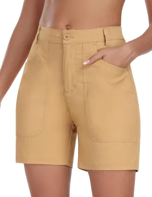 MoFiz Women's Cargo Bermuda Shorts Long Cotton Hiking Twill Chino Shorts Elastic Waist for Summer Casual Golf Travel Outdoor
