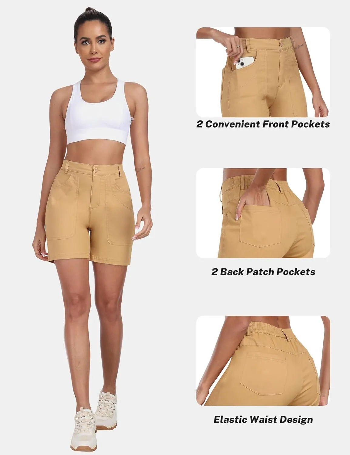 MoFiz Women's Cargo Bermuda Shorts Long Cotton Hiking Twill Chino Shorts Elastic Waist for Summer Casual Golf Travel Outdoor