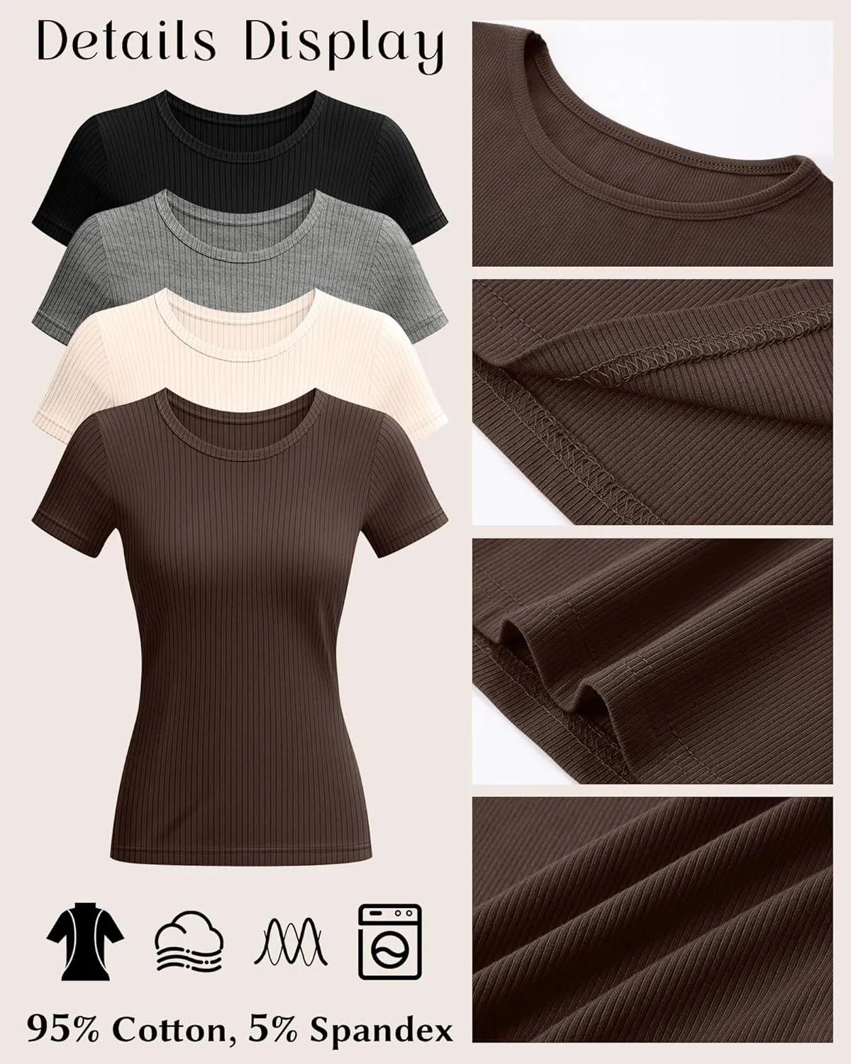 Neer 4 Pack Women's Short Sleeve T-Shirts, Crew Neck Ribbed Knit Slim Fitted Shirts Cotton Summer Solid Basic Tees Tight Tops