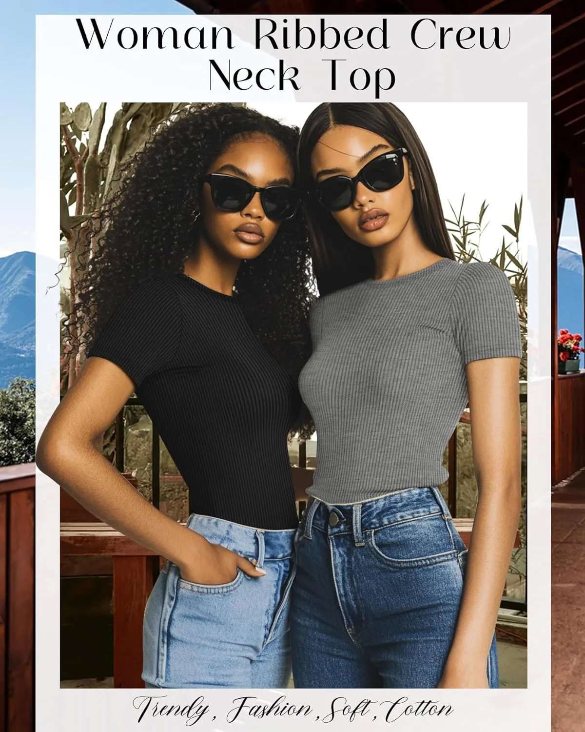 Neer 4 Pack Women's Short Sleeve T-Shirts, Crew Neck Ribbed Knit Slim Fitted Shirts Cotton Summer Solid Basic Tees Tight Tops