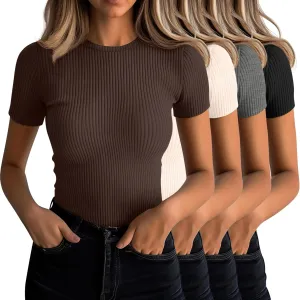 Neer 4 Pack Women's Short Sleeve T-Shirts, Crew Neck Ribbed Knit Slim Fitted Shirts Cotton Summer Solid Basic Tees Tight Tops