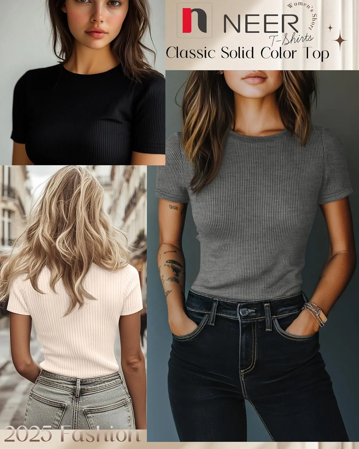 Neer 4 Pack Women's Short Sleeve T-Shirts, Crew Neck Ribbed Knit Slim Fitted Shirts Cotton Summer Solid Basic Tees Tight Tops