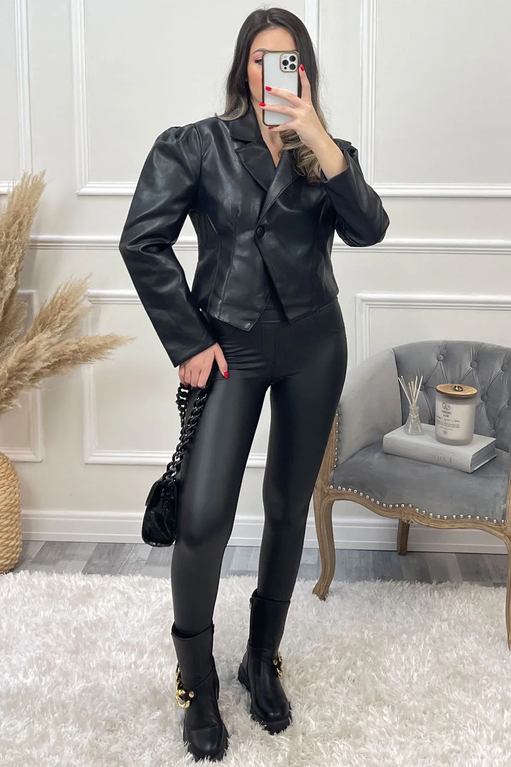 Olecia Black Faux Leather PU Puff Sleeve Double Breasted Cropped Blazer