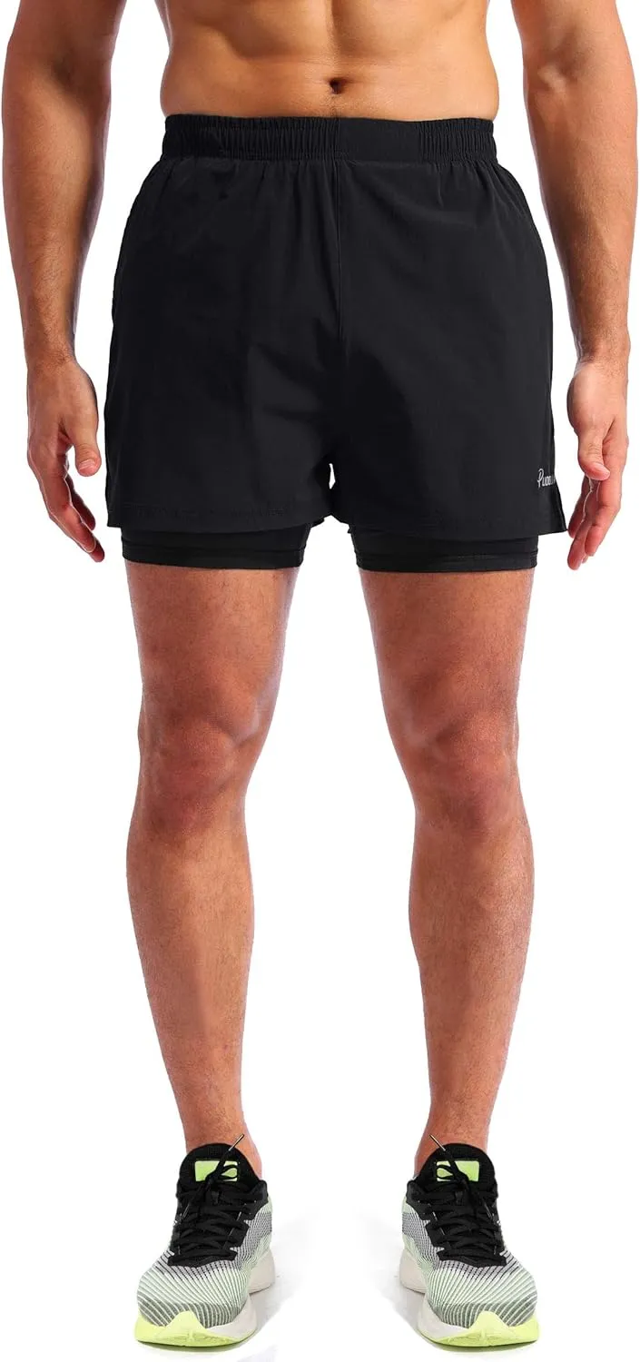 Pudolla Mens 2 in 1 Running Shorts 5" Quick Dry Gym Athletic Workout Shorts for Men with Phone Pockets