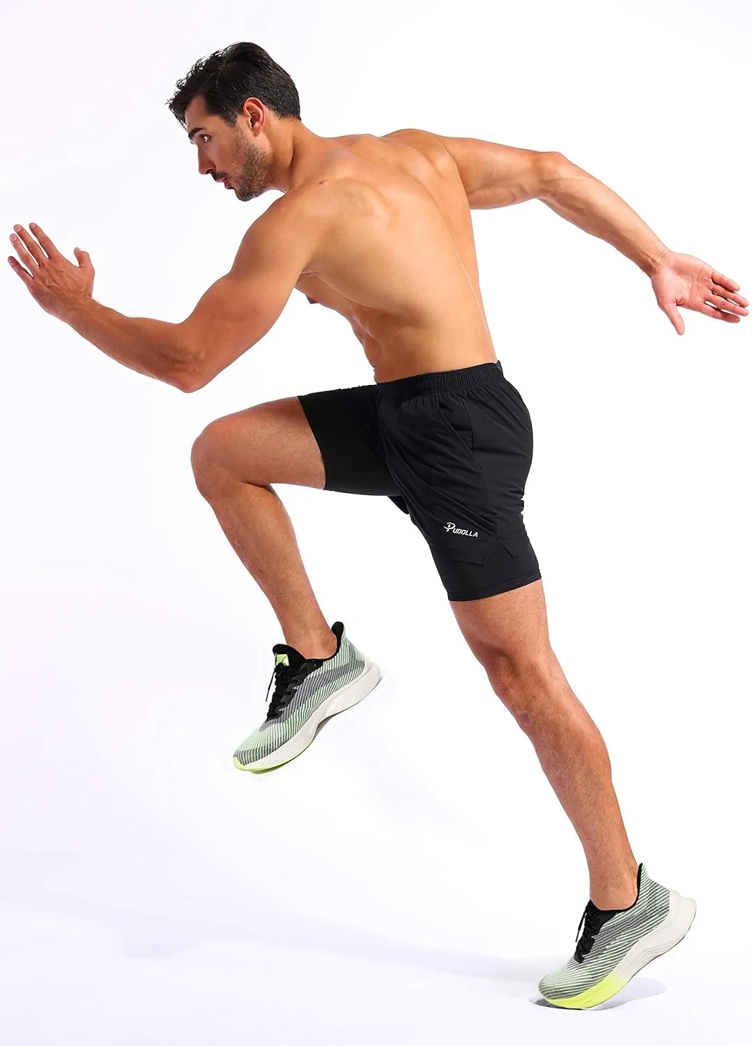 Pudolla Mens 2 in 1 Running Shorts 5" Quick Dry Gym Athletic Workout Shorts for Men with Phone Pockets