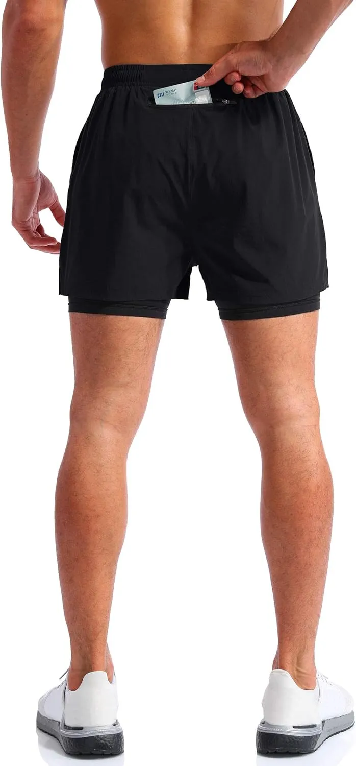 Pudolla Mens 2 in 1 Running Shorts 5" Quick Dry Gym Athletic Workout Shorts for Men with Phone Pockets