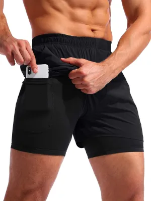 Pudolla Mens 2 in 1 Running Shorts 5" Quick Dry Gym Athletic Workout Shorts for Men with Phone Pockets