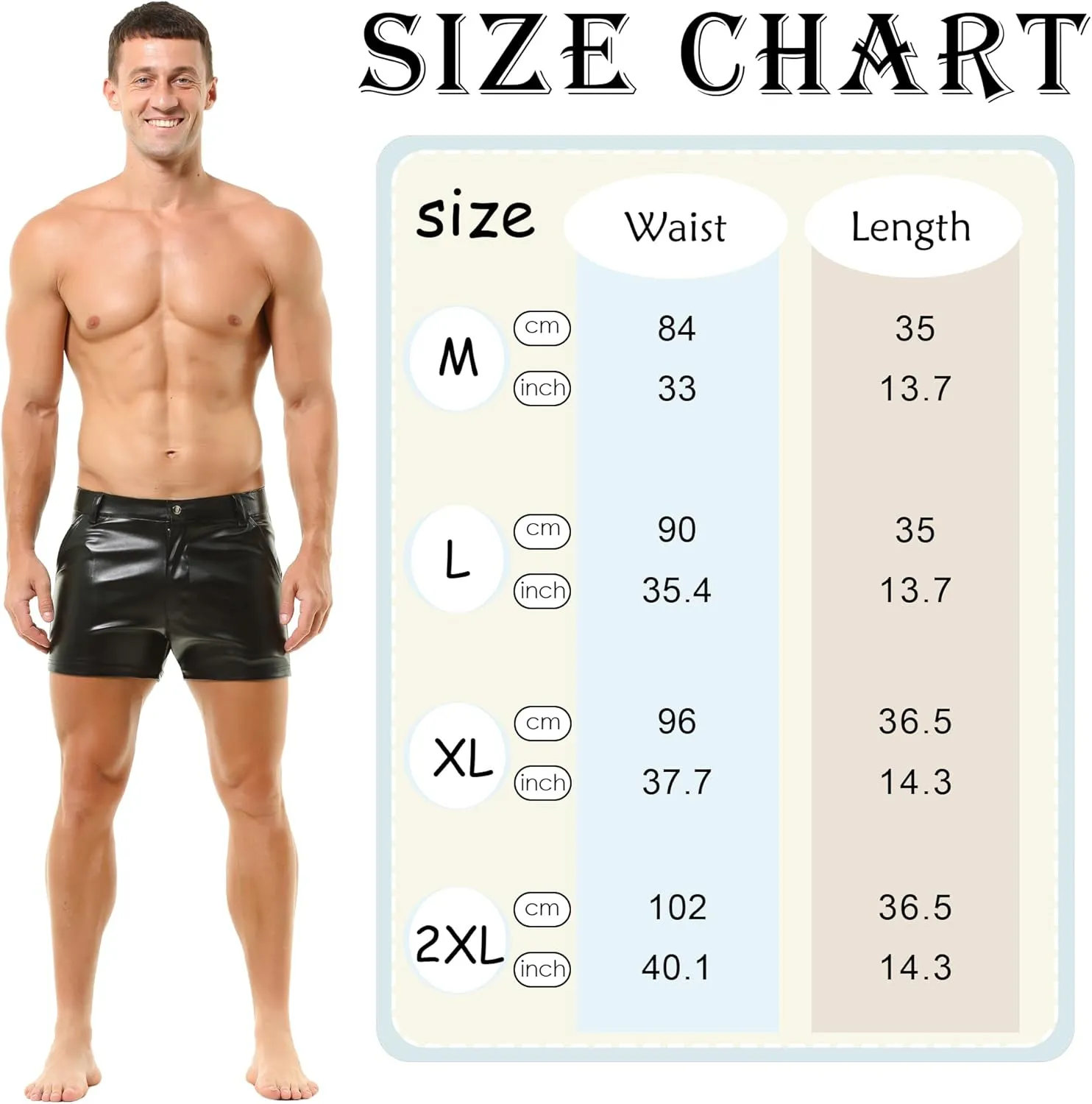 QiaTi Men's PU Leather Shorts Elastic Waist Rave Hot Short Pants Zipper Men Sexy Shorts with Pockets for Club Party
