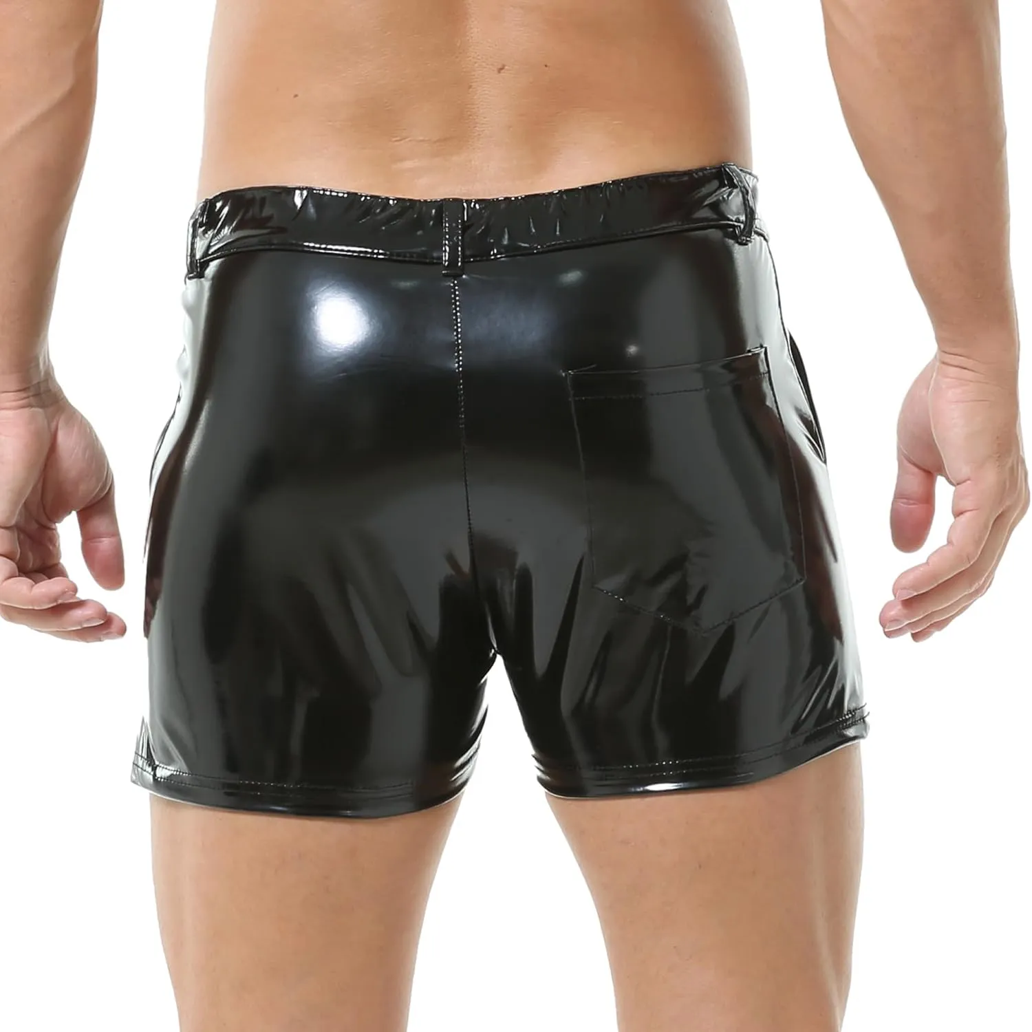 QiaTi Men's PU Leather Shorts Elastic Waist Rave Hot Short Pants Zipper Men Sexy Shorts with Pockets for Club Party
