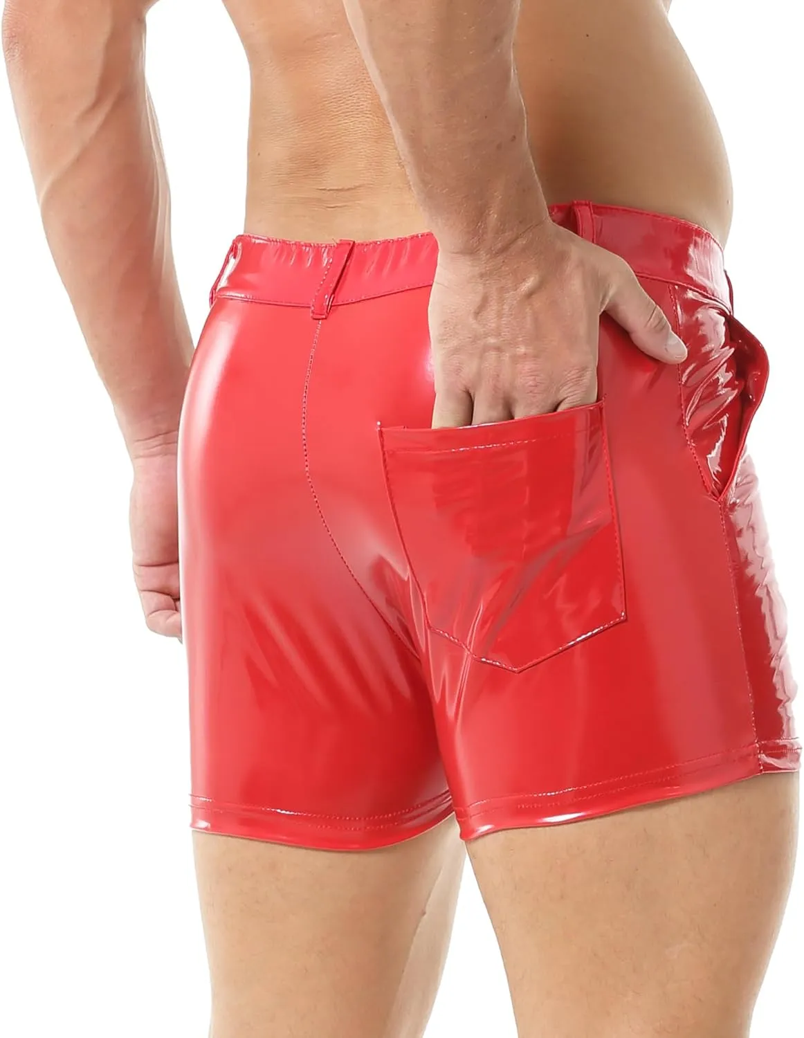 QiaTi Men's PU Leather Shorts Elastic Waist Rave Hot Short Pants Zipper Men Sexy Shorts with Pockets for Club Party